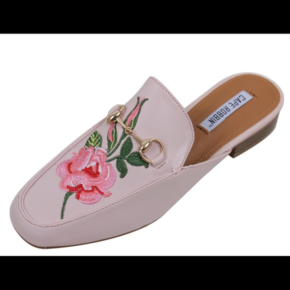 Light Soft Pink Floral Embroidered Slip on Mules - Picture 2 of 5